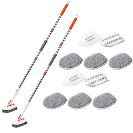 2Pack Floor Scrub Brush 3 in 1 Tile Tub Scrubber with Adjustable Long Handle and 3 Replacement Brush Heads