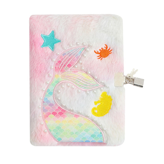 Tie-Dye Fluffy Mermaid Diary for Girls with Key Lock - Pink