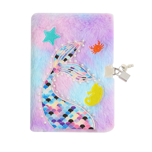 Tie-Dye Fluffy Mermaid Diary for Girls with Key Lock - Purple