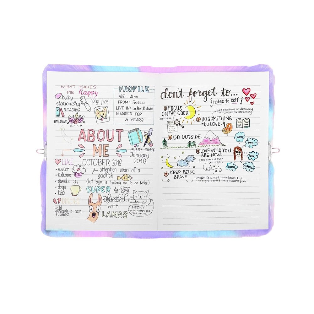 Tie-Dye Fluffy Mermaid Diary for Girls with Key Lock - Purple