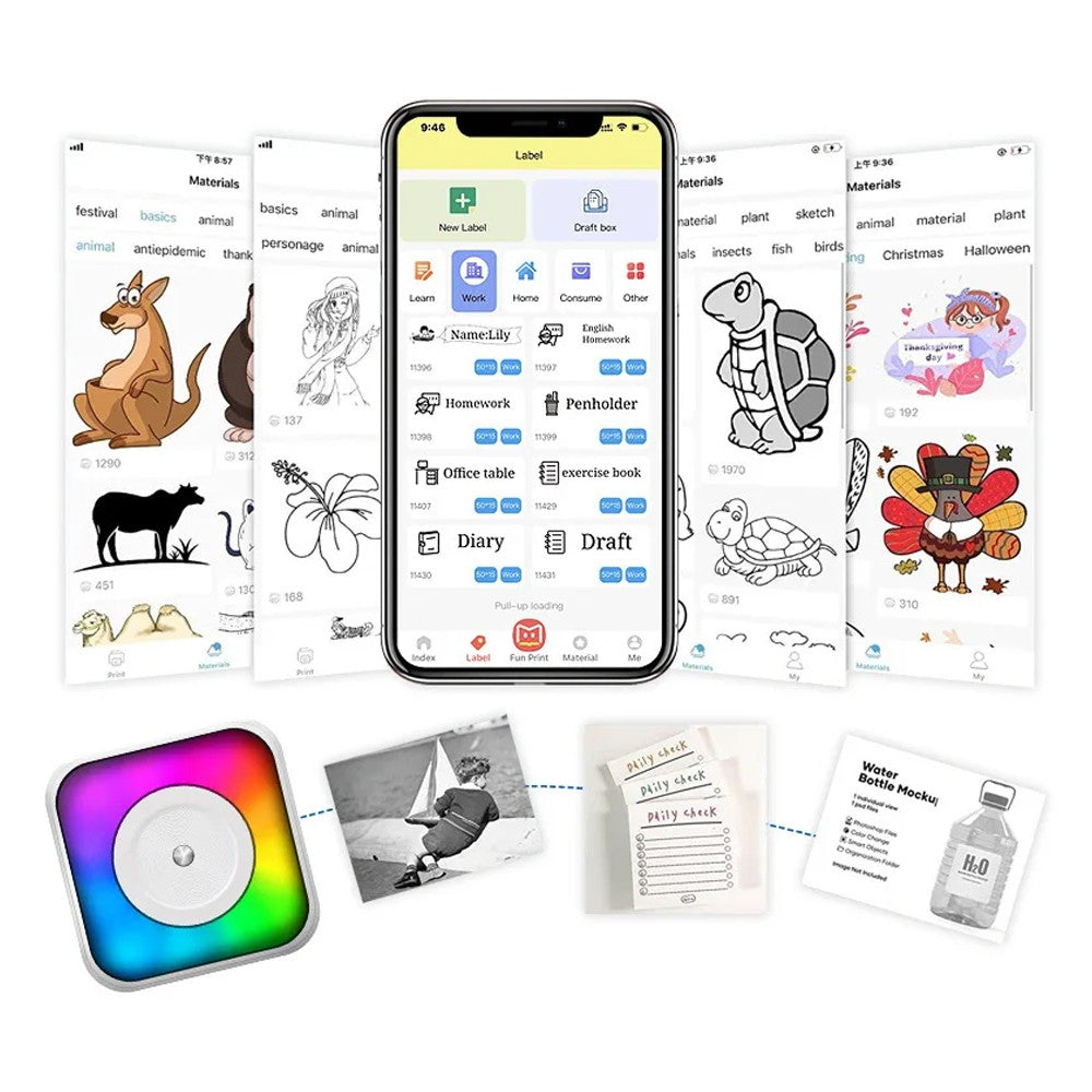 RGB Lights Pocket Printer with 5 Rolls Papers and Stickers