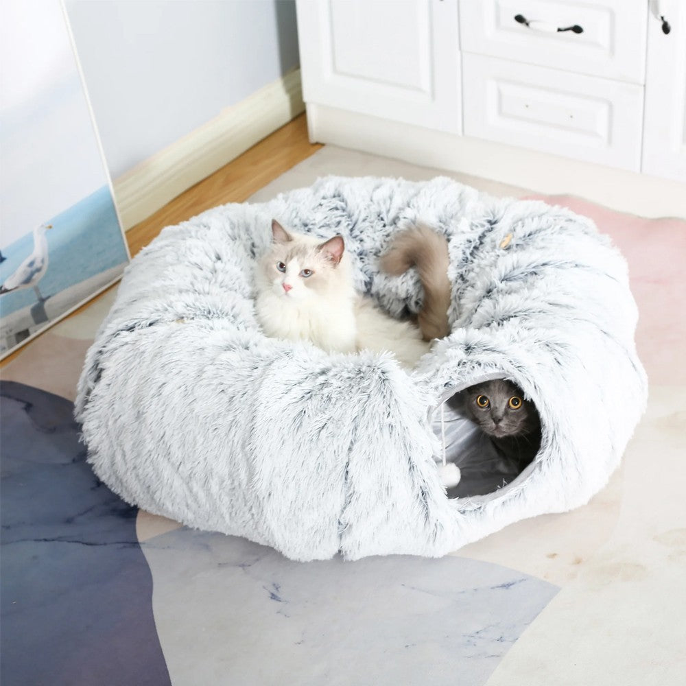Winter Plush Cat Bed Cat Nest with Tunnel - Grey