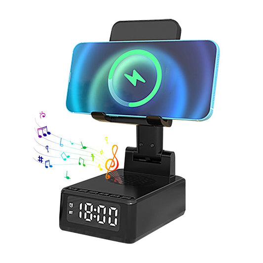 4-in-1 Wireless Charger Charging Dock Phone Stand Bluetooth Speaker Alarm Clock