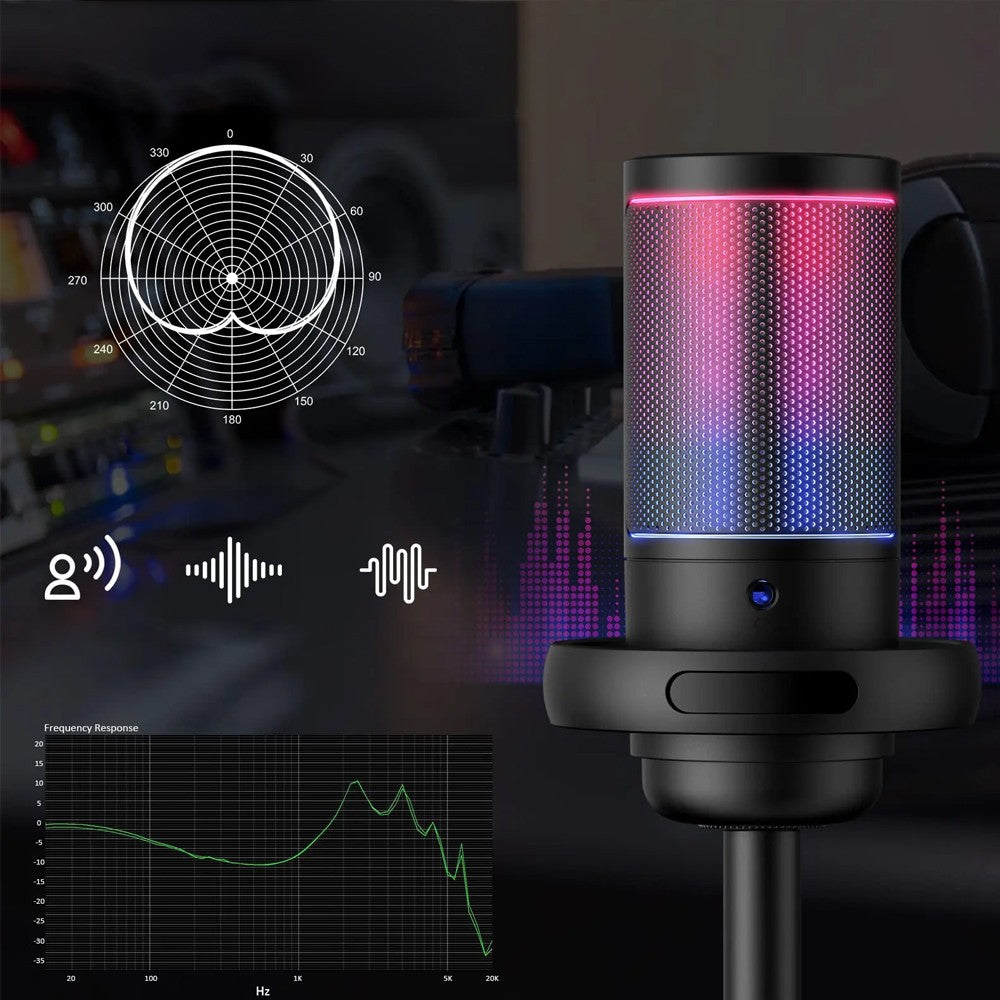 USB Condenser Microphone with RGB Light for Streaming and Gaming - Black