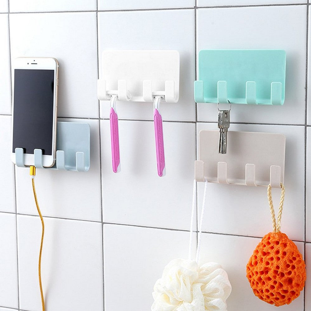 2 X Wall Mounted Phone Holders with Hooks Blue and Green