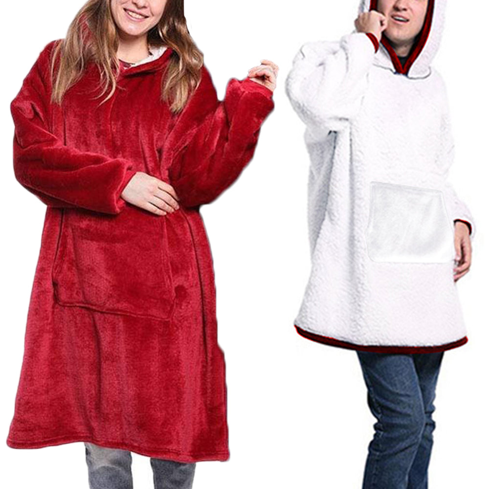 Reversible Oversized Hoodie Blanket Sherpa Fleece Hooded Blanket Red