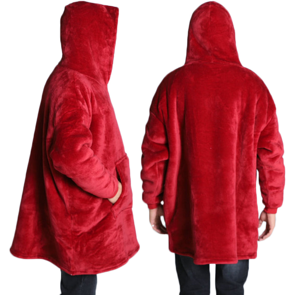 Reversible Oversized Hoodie Blanket Sherpa Fleece Hooded Blanket Red