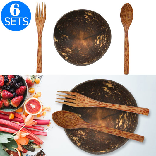 6 X Coconut Bowl Fork Spoon Set