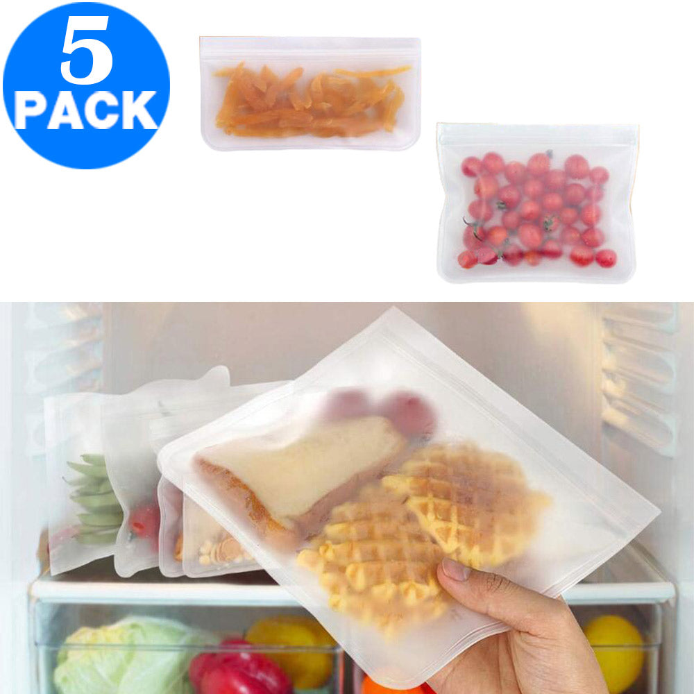 5Pcs Reusable PEVA Food Storage Bag Zip Lock Eco friendly Snack Bags 21x18cm