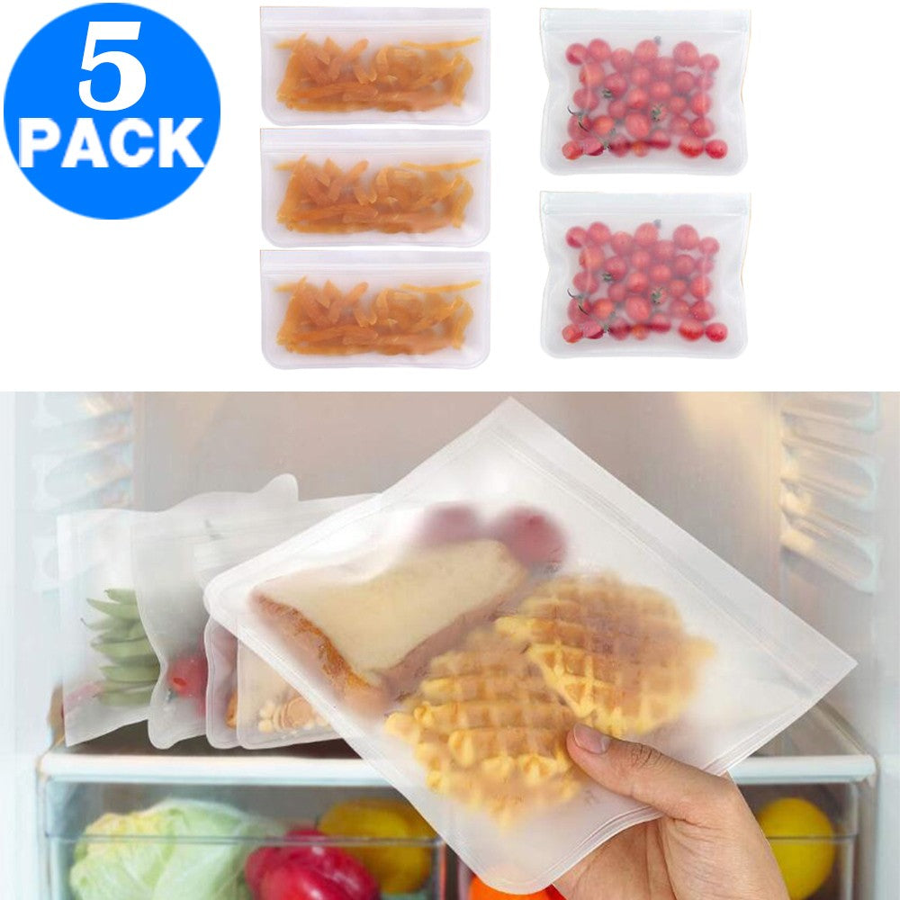 5Pcs Reusable PEVA Food Storage Bag Zip Lock Eco friendly Snack Bags 21x12cm 21x18cm