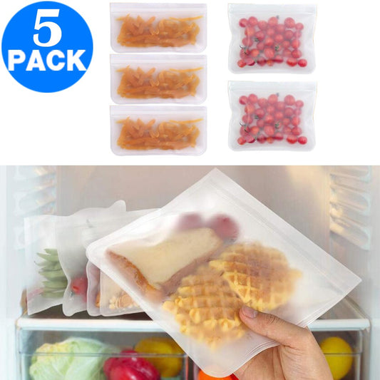 5Pcs Reusable PEVA Food Storage Bag Zip Lock Eco friendly Snack Bags 21x12cm 21x18cm