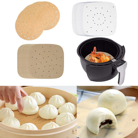 100PCS Non Stick Air Fryer Liners Perforated Steaming Papers Food Cooking Pads