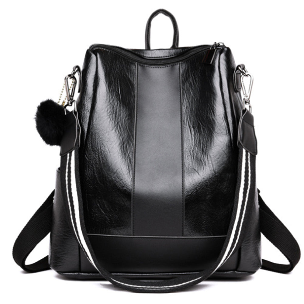 Women PU Leather Fluffy Ball Ornament Backpack Black
