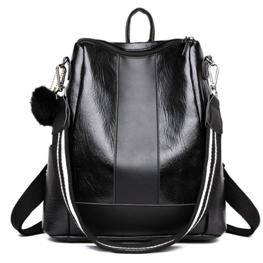 Women PU Leather Fluffy Ball Ornament Backpack Black