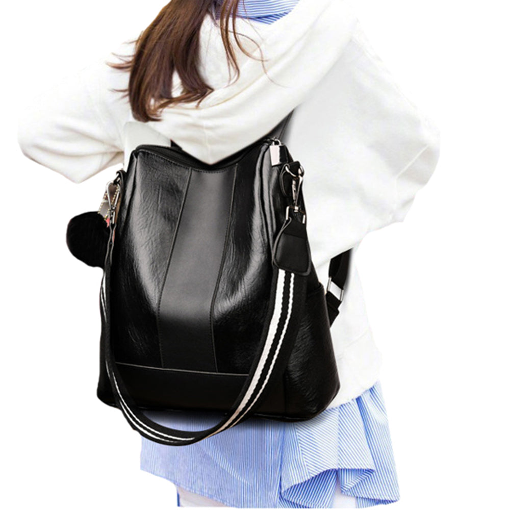 Women PU Leather Fluffy Ball Ornament Backpack Black