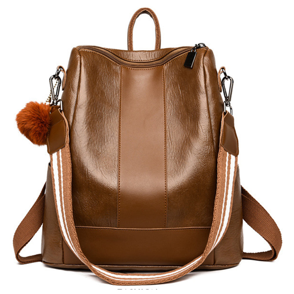 Women PU Leather Fluffy Ball Ornament Backpack Brown