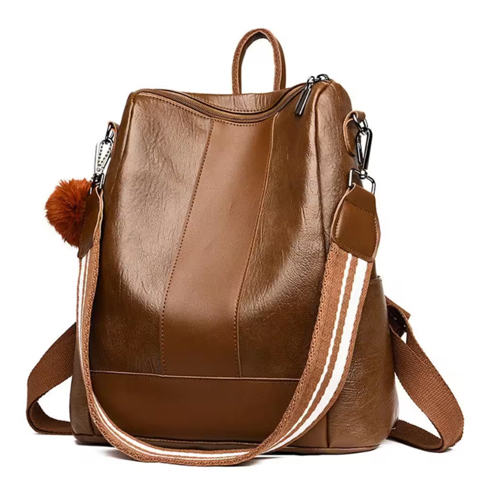 Women PU Leather Fluffy Ball Ornament Backpack Brown