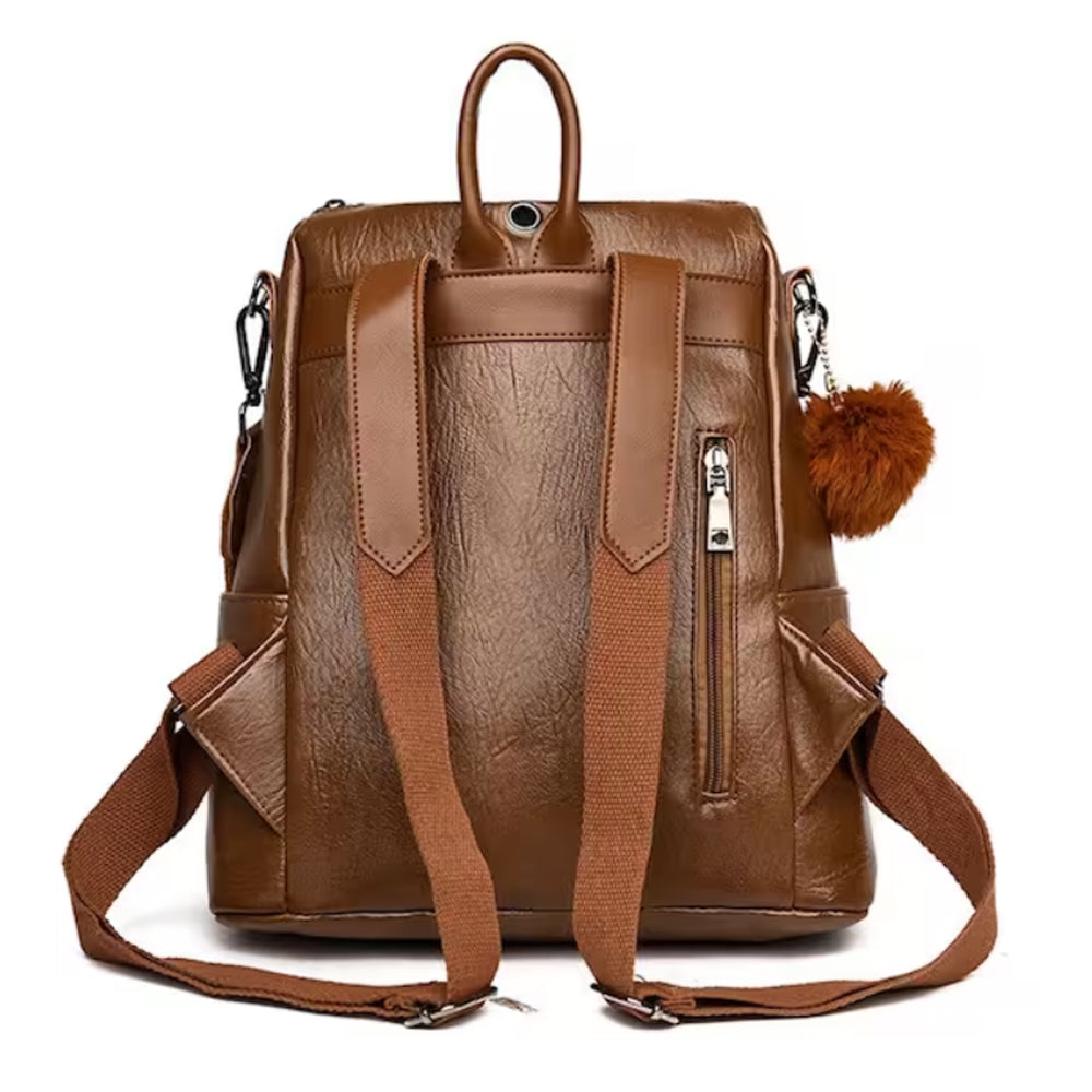 Women PU Leather Fluffy Ball Ornament Backpack Brown