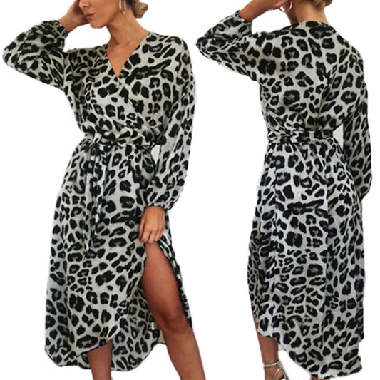 Womens V Neck Leopard Print Dress Grey