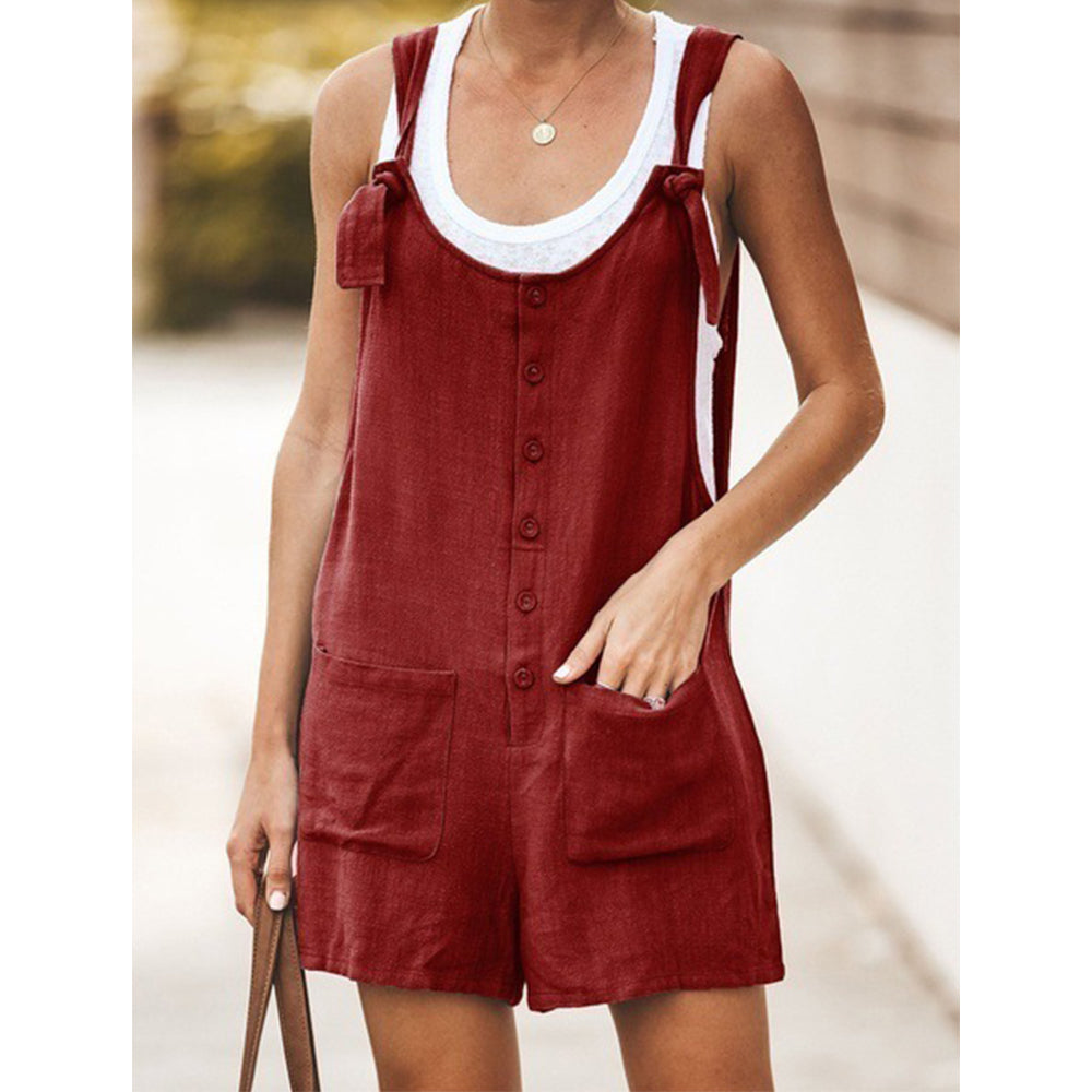 S Tie Strap Slant Pocket Women Jumpsuit-Wine red
