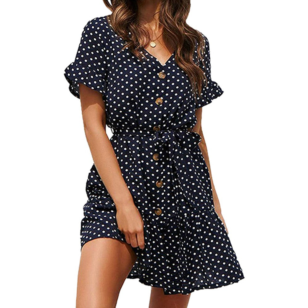 Polka Dot Pleated Dress Navy