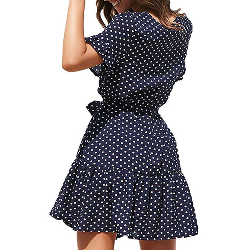 Polka Dot Pleated Dress Navy
