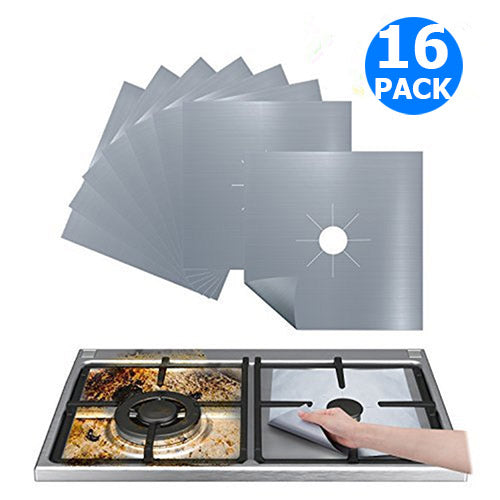 16PCS Non-Stick Reusable Gas Hob Protectors Silver