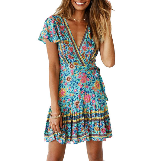 Women Boho Printed Dress Short Sleeve Wrap Floral Mini Dress Green