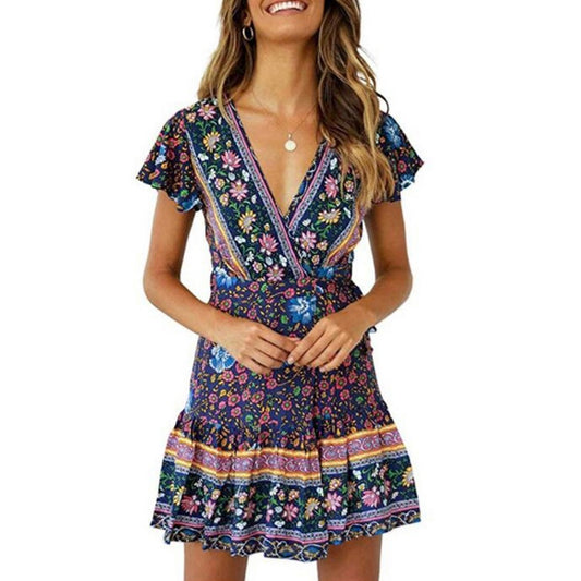 Women Boho Printed Dress Short Sleeve Wrap Floral Mini Dress Navy