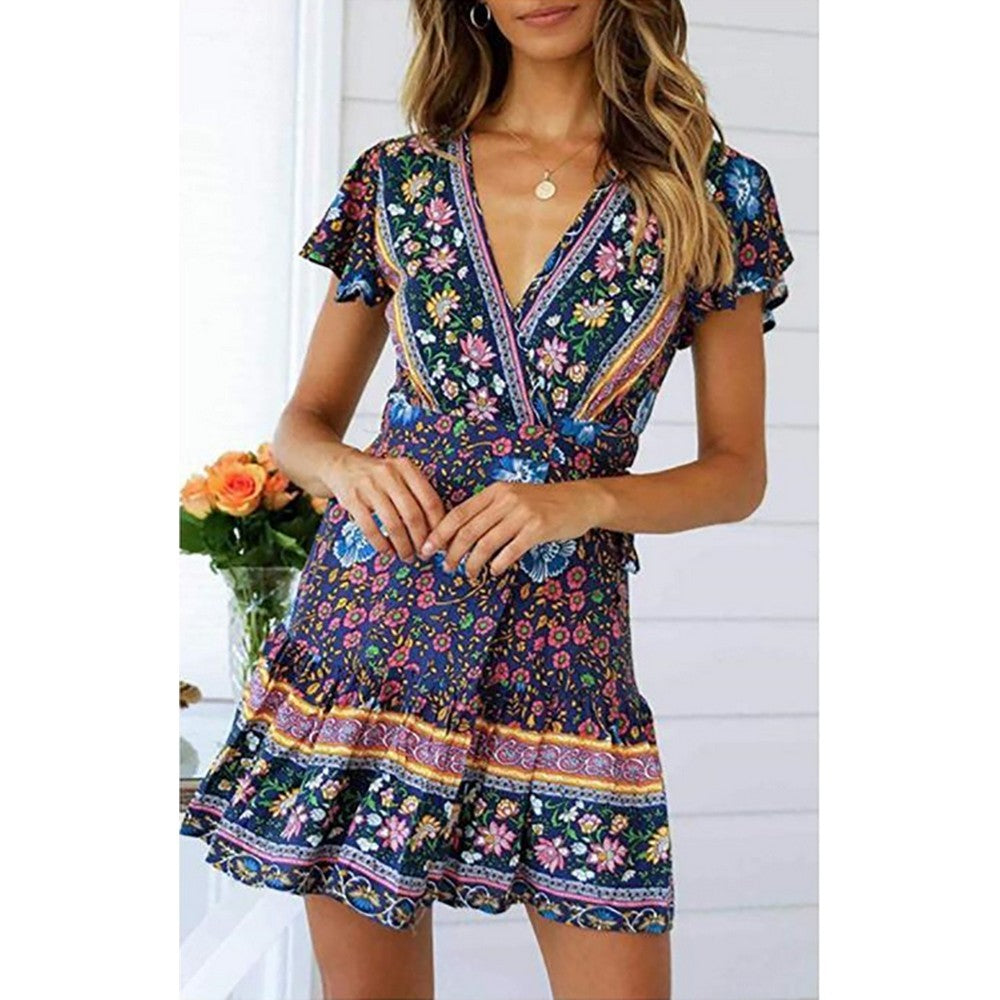 Women Boho Printed Dress Short Sleeve Wrap Floral Mini Dress Navy
