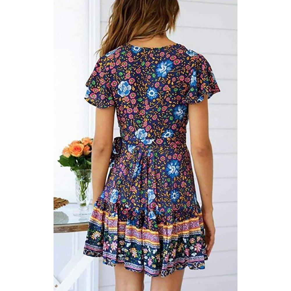 Women Boho Printed Dress Short Sleeve Wrap Floral Mini Dress Navy