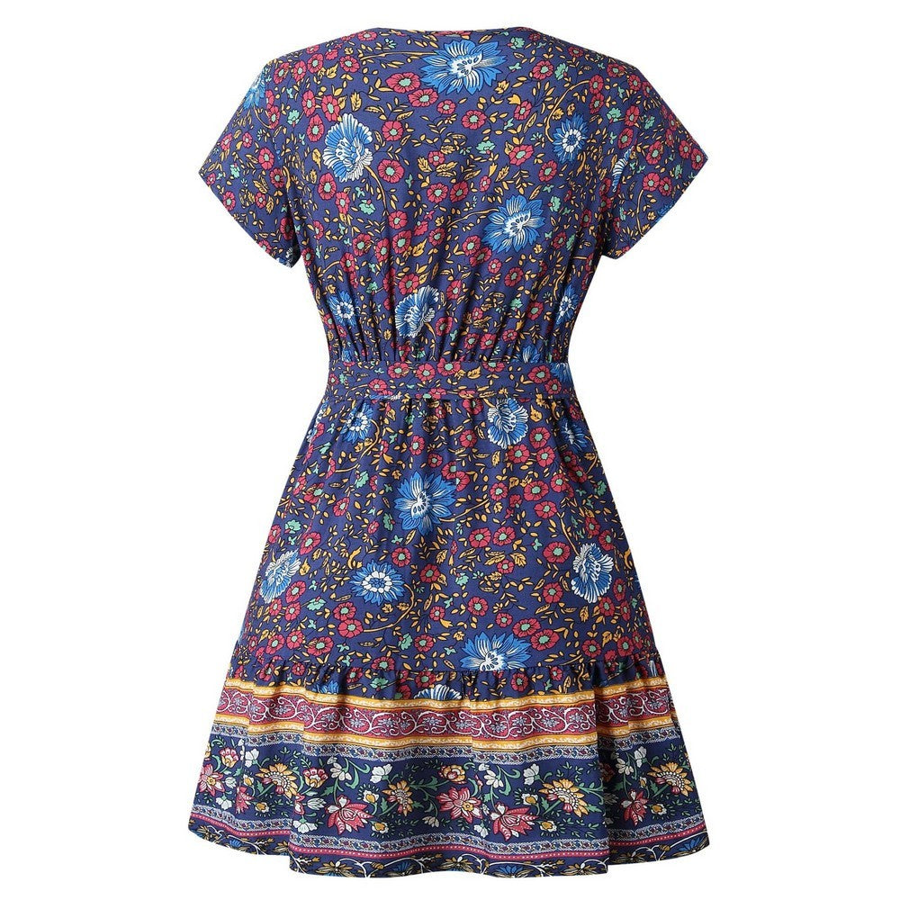 Women Boho Printed Dress Short Sleeve Wrap Floral Mini Dress Navy