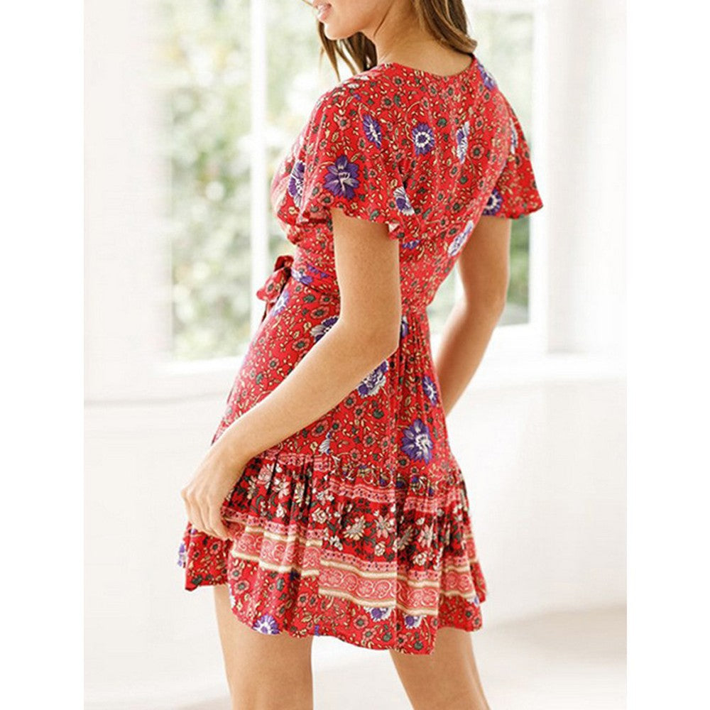 Women Boho Printed Dress Short Sleeve Wrap Floral Mini Dress Red