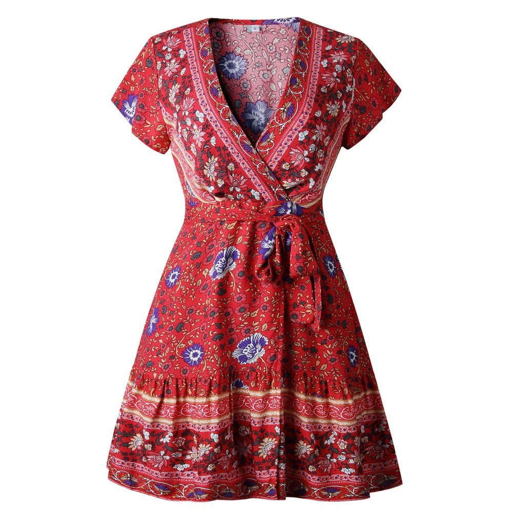 Women Boho Printed Dress Short Sleeve Wrap Floral Mini Dress Red