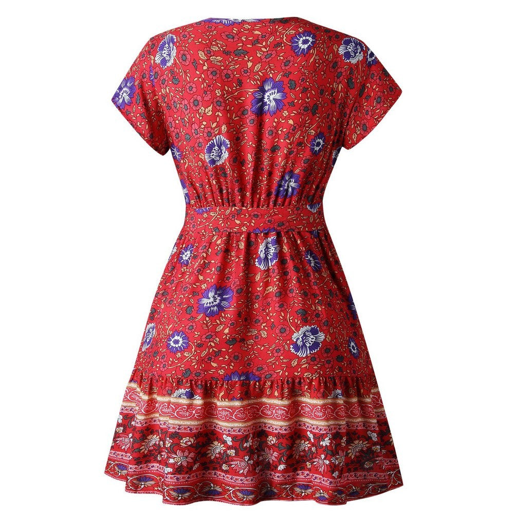 Women Boho Printed Dress Short Sleeve Wrap Floral Mini Dress Red