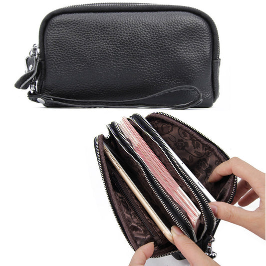 Black 3 Compartments Women's Genuine Leather Wallet Clutch Purse
