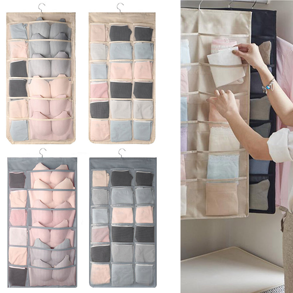 2 X Beige and Grey 30 Pockets Double Sided Wardrobe Storage Hanging Bags