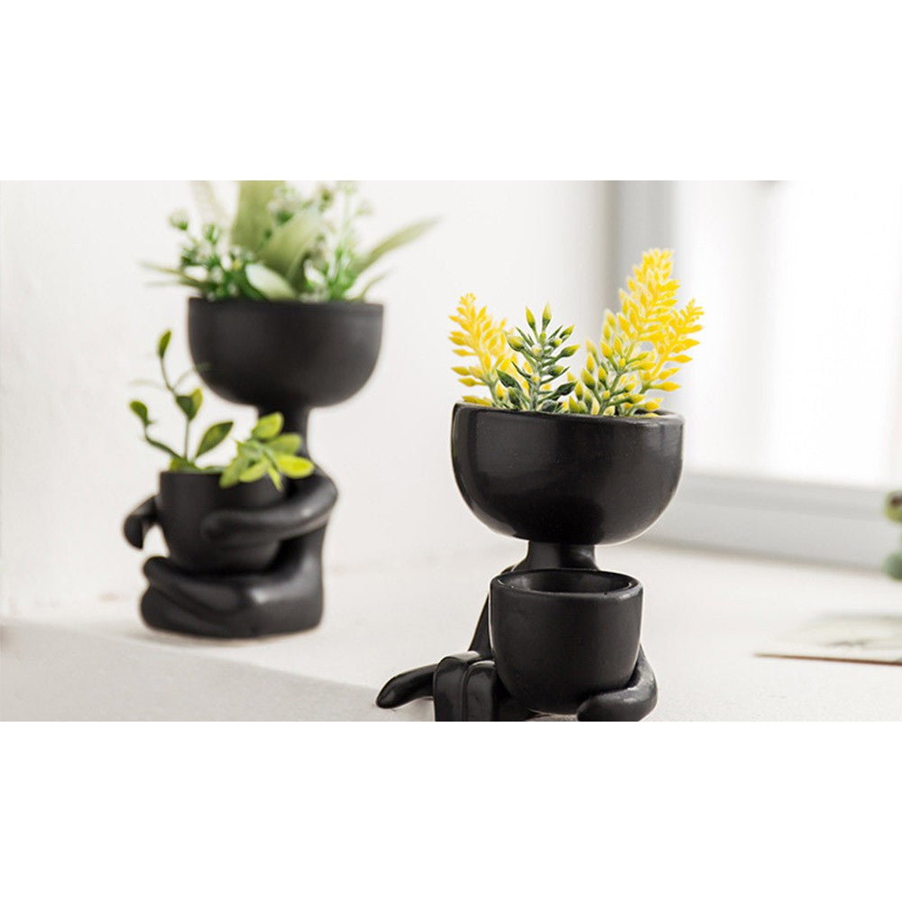 2 Pack Imitation Human Shaped Ceramic Flowerpot Home Decor Style 2 Black and Style 2 White