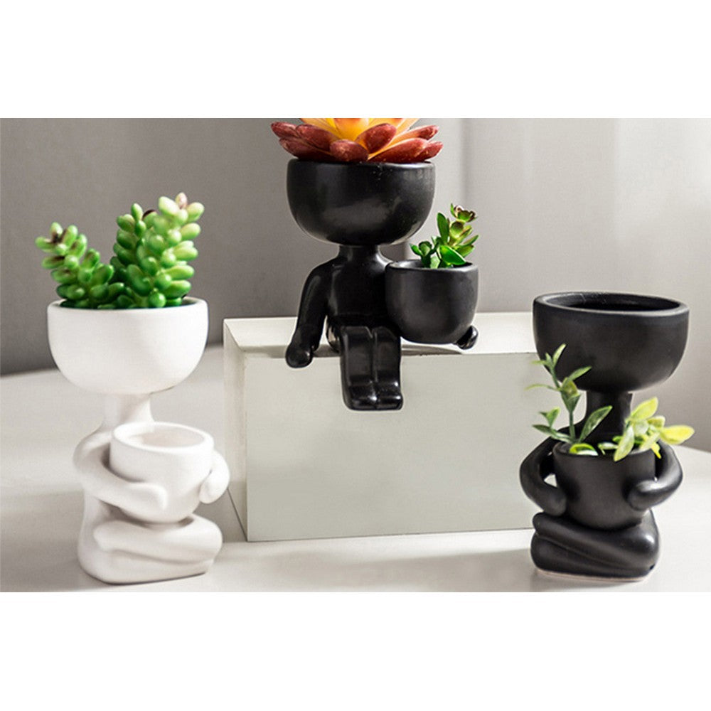 2 Pack Imitation Human Shaped Ceramic Flowerpot Home Decor Style 2 Black and Style 1 White