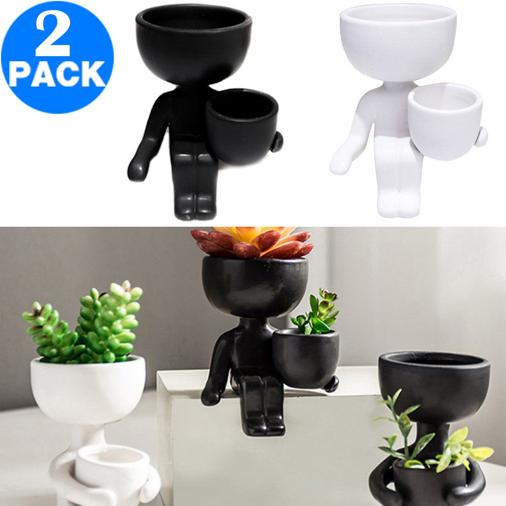 2 Pack Imitation Human Shaped Ceramic Flowerpot Home Decor Style 2 Black and Style 2 White