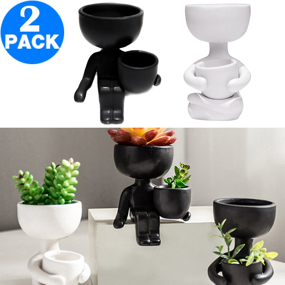 2 Pack Imitation Human Shaped Ceramic Flowerpot Home Decor Style 2 Black and Style 1 White
