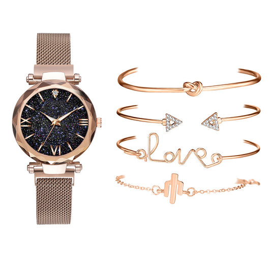 5Pcs Watch and Bracelets Set Rose Gold