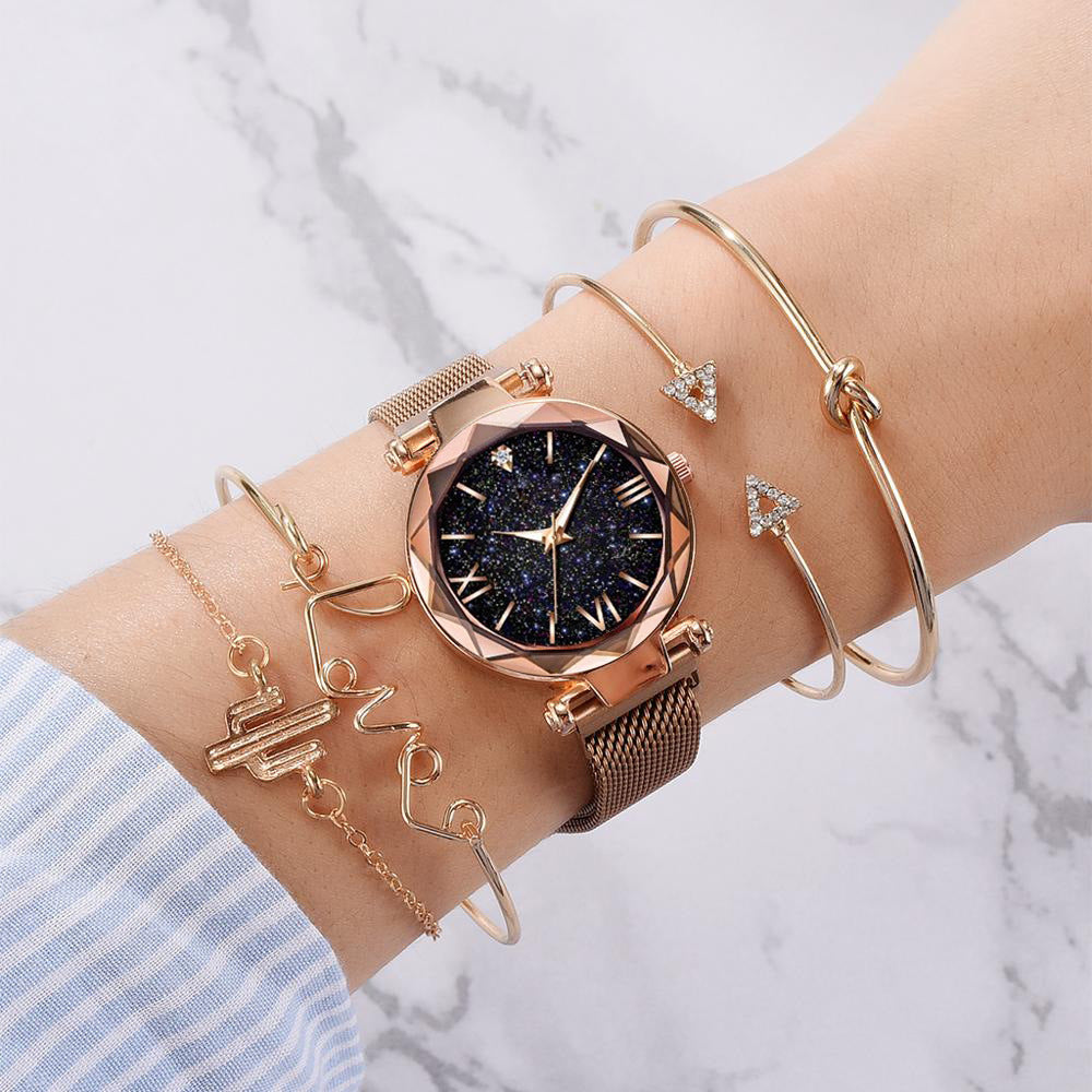 5Pcs Watch and Bracelets Set Rose Gold