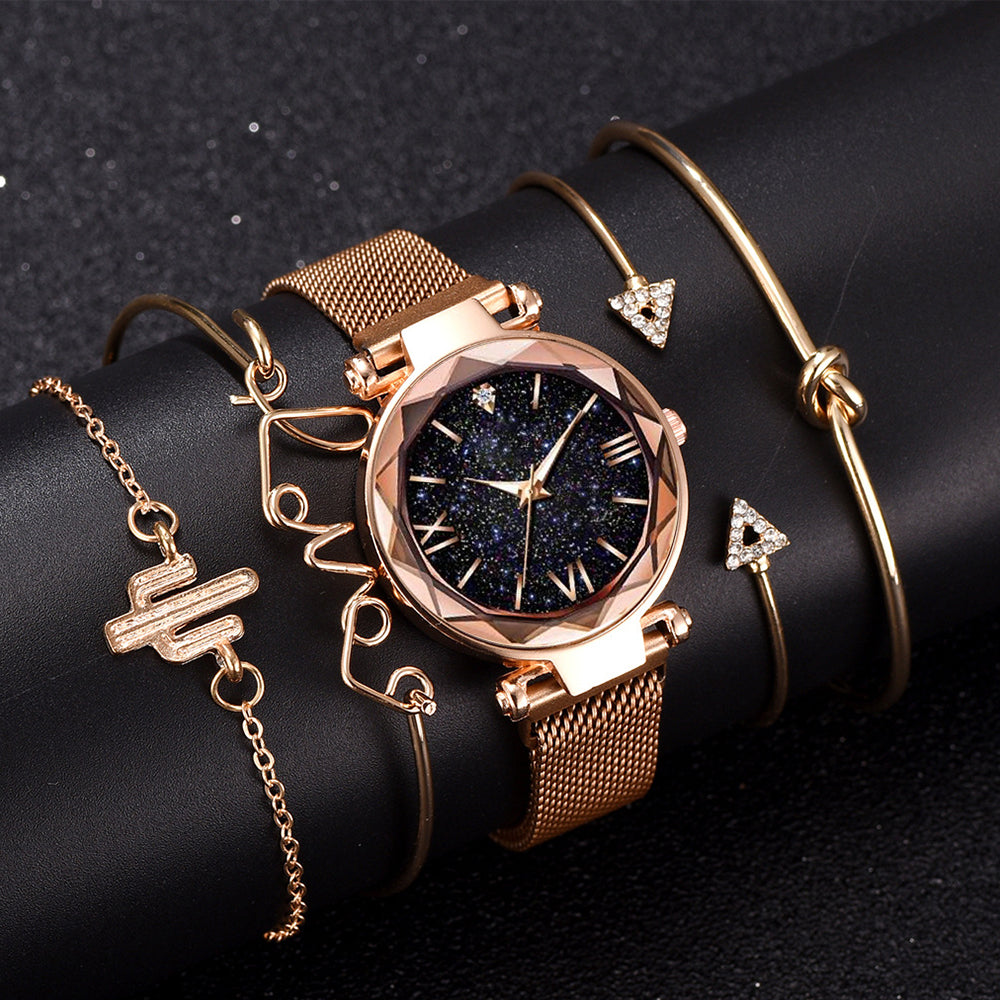 5Pcs Watch and Bracelets Set Rose Gold