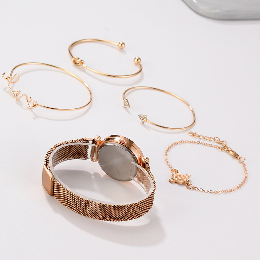 5Pcs Watch and Bracelets Set Rose Gold