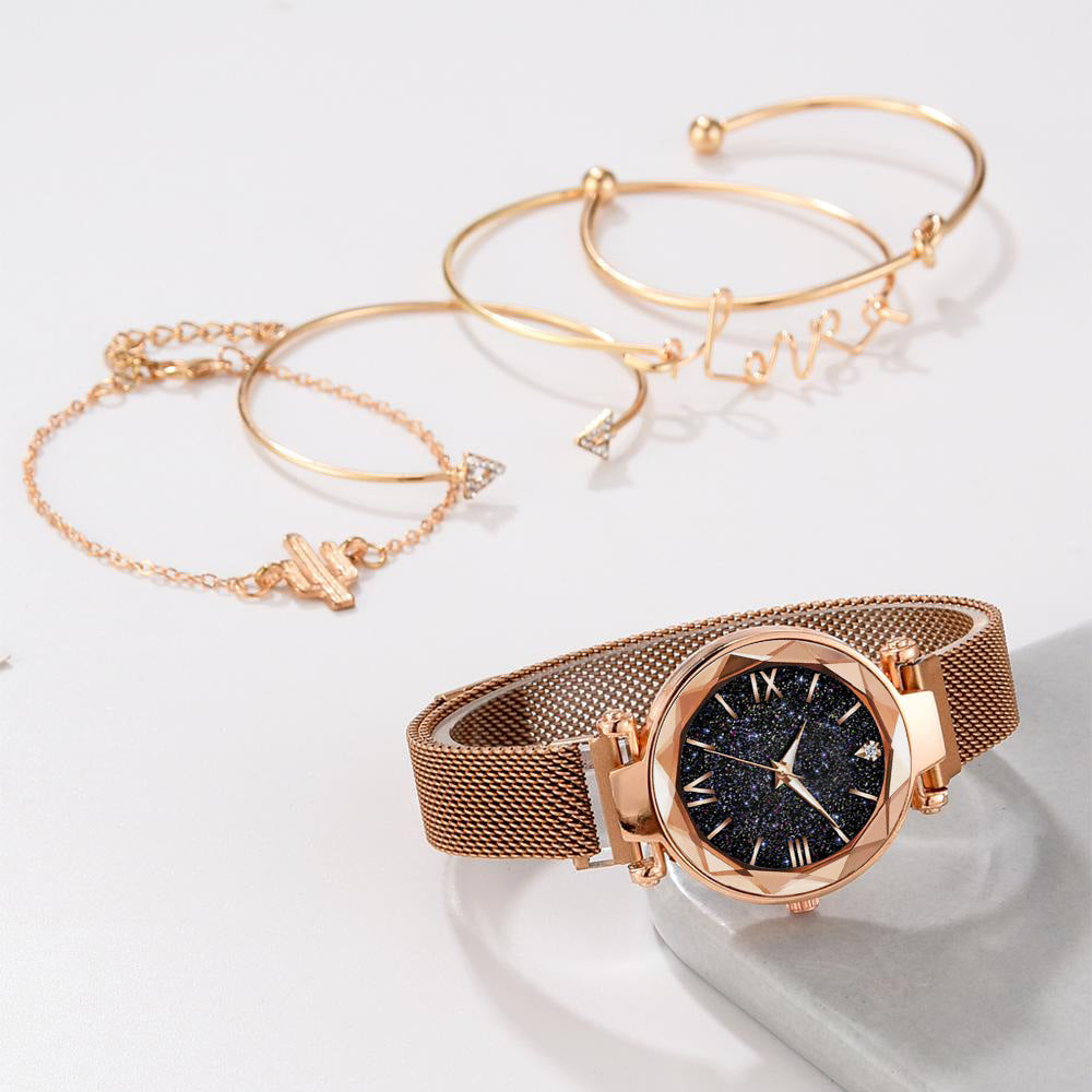 5Pcs Watch and Bracelets Set Rose Gold