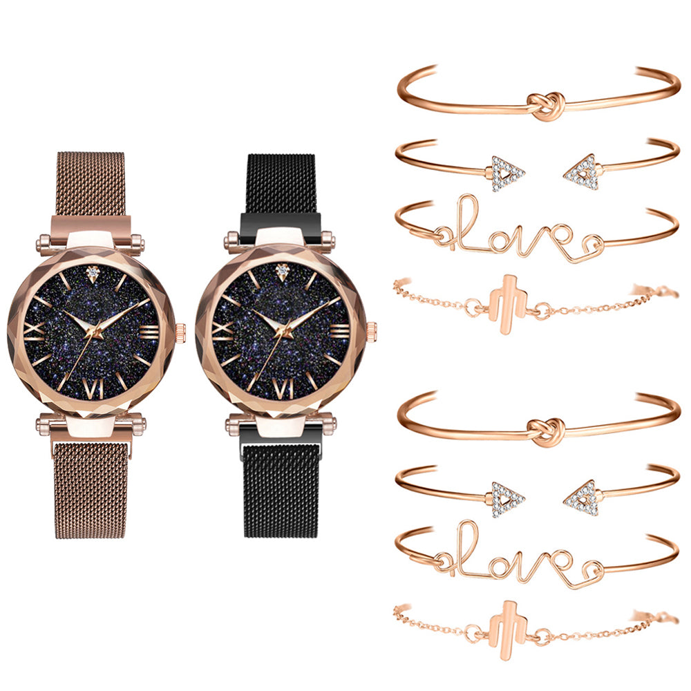 5Pcs Watch and Bracelets Set Brown Black