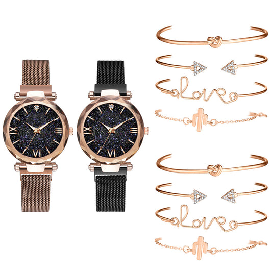 5Pcs Watch and Bracelets Set Brown Black