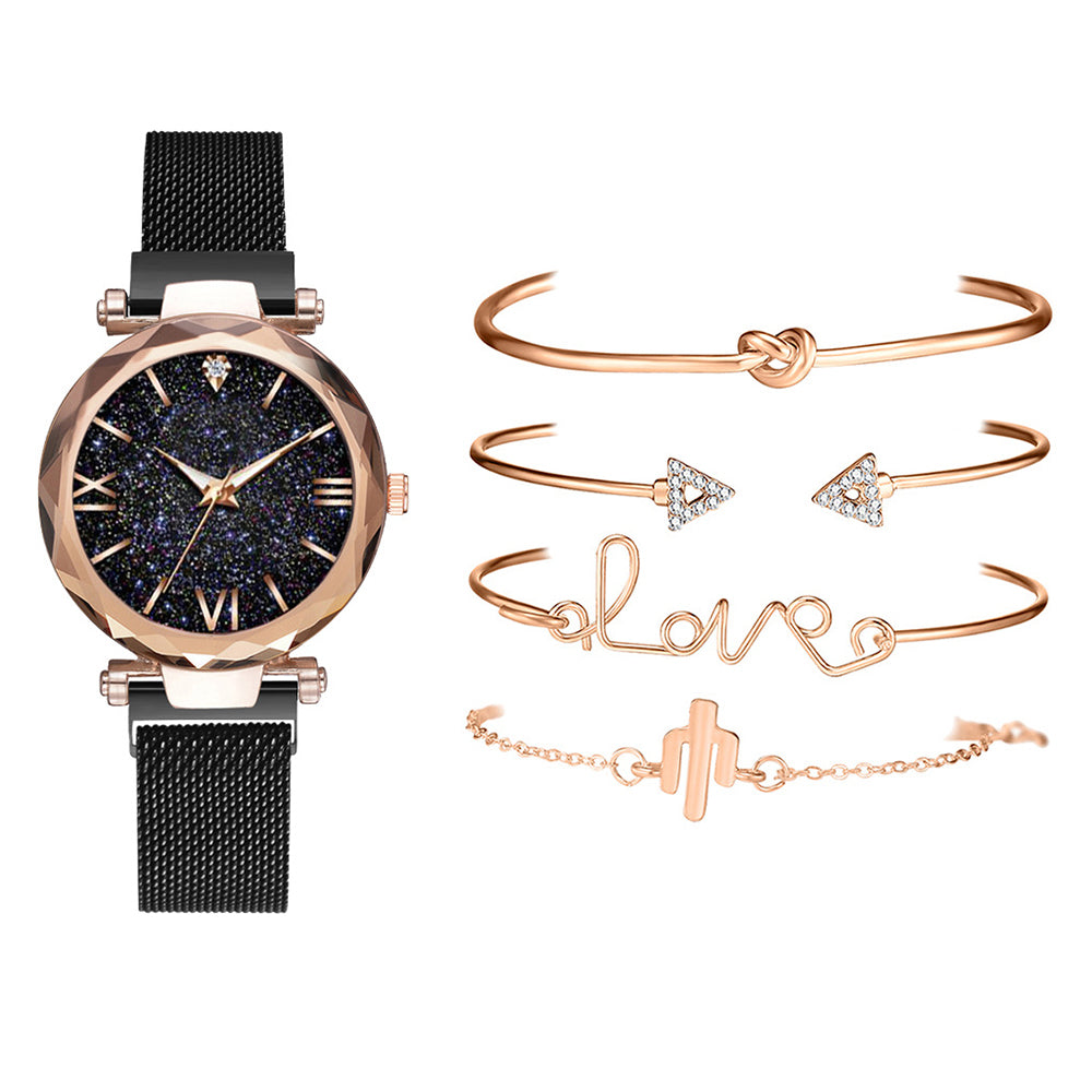 5Pcs Watch and Bracelets Set Brown Black