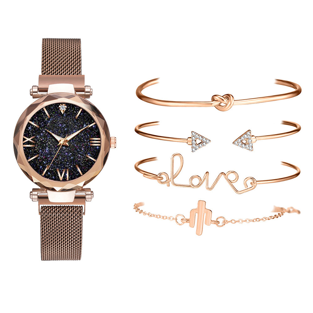 5Pcs Watch and Bracelets Set Brown Black